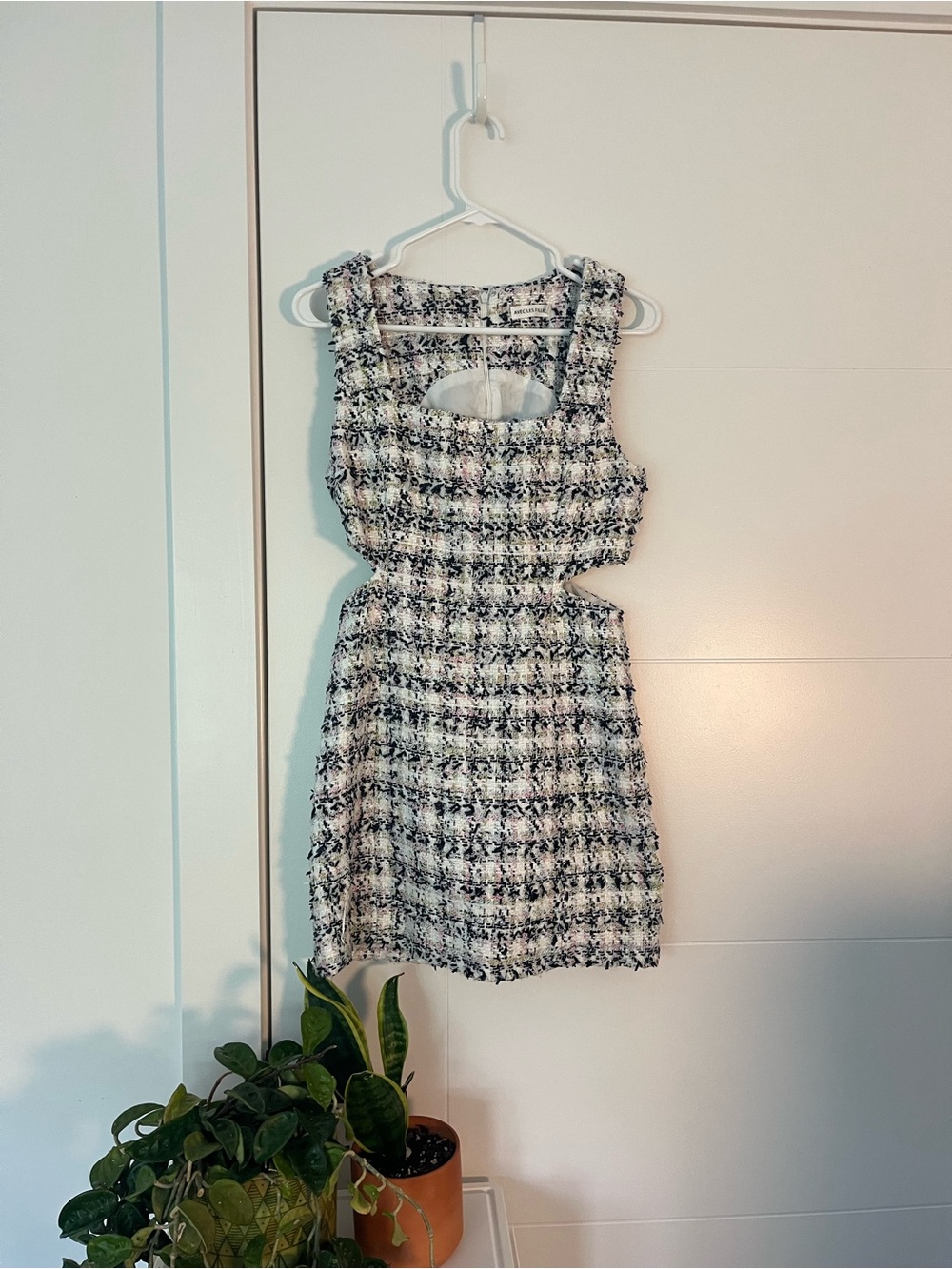 Avec Les Filles Plaid Tweed Cutout Mini Dress